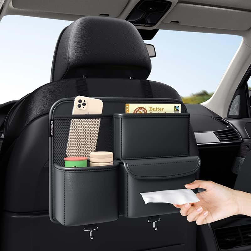 "Black car backseat organizer with hanging storage bag for travel and daily use"
