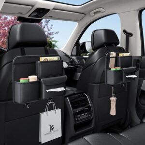 "Black car backseat organizer with hanging storage bag for travel and daily use"