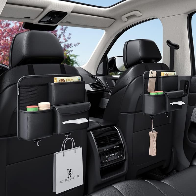 "Black car backseat organizer with hanging storage bag for travel and daily use"