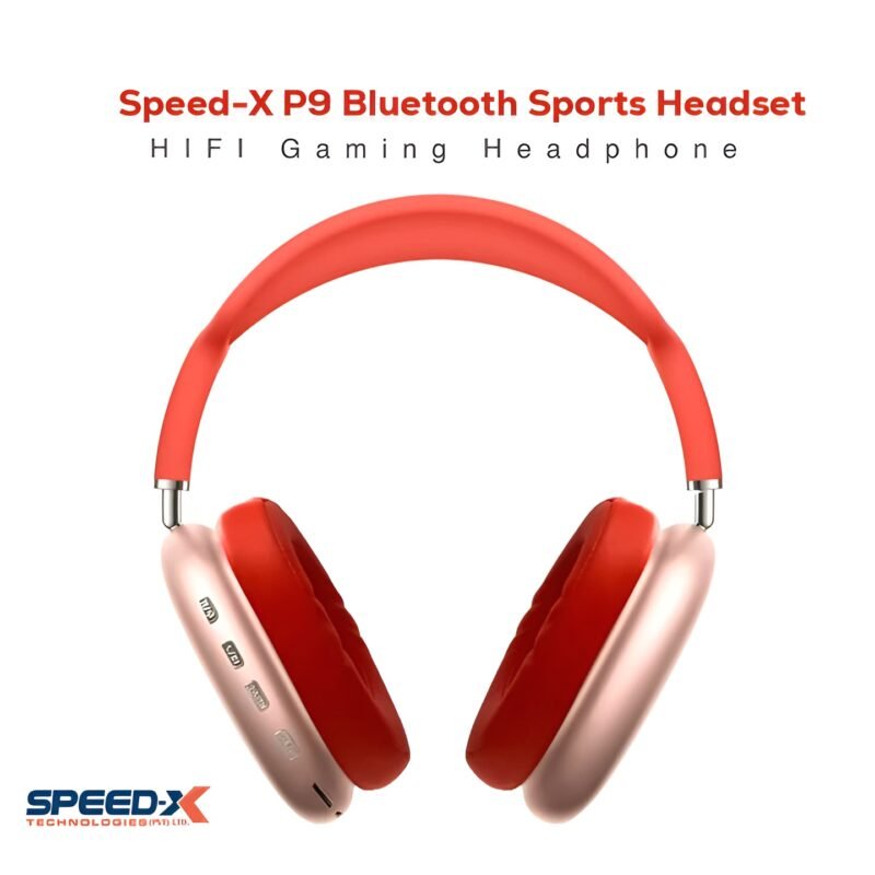 "P9 Bluetooth HiFi Gaming Headset with noise cancelling, waterproof design, built-in microphone, and solid steel headset stand with silicone pad for scratch protection."