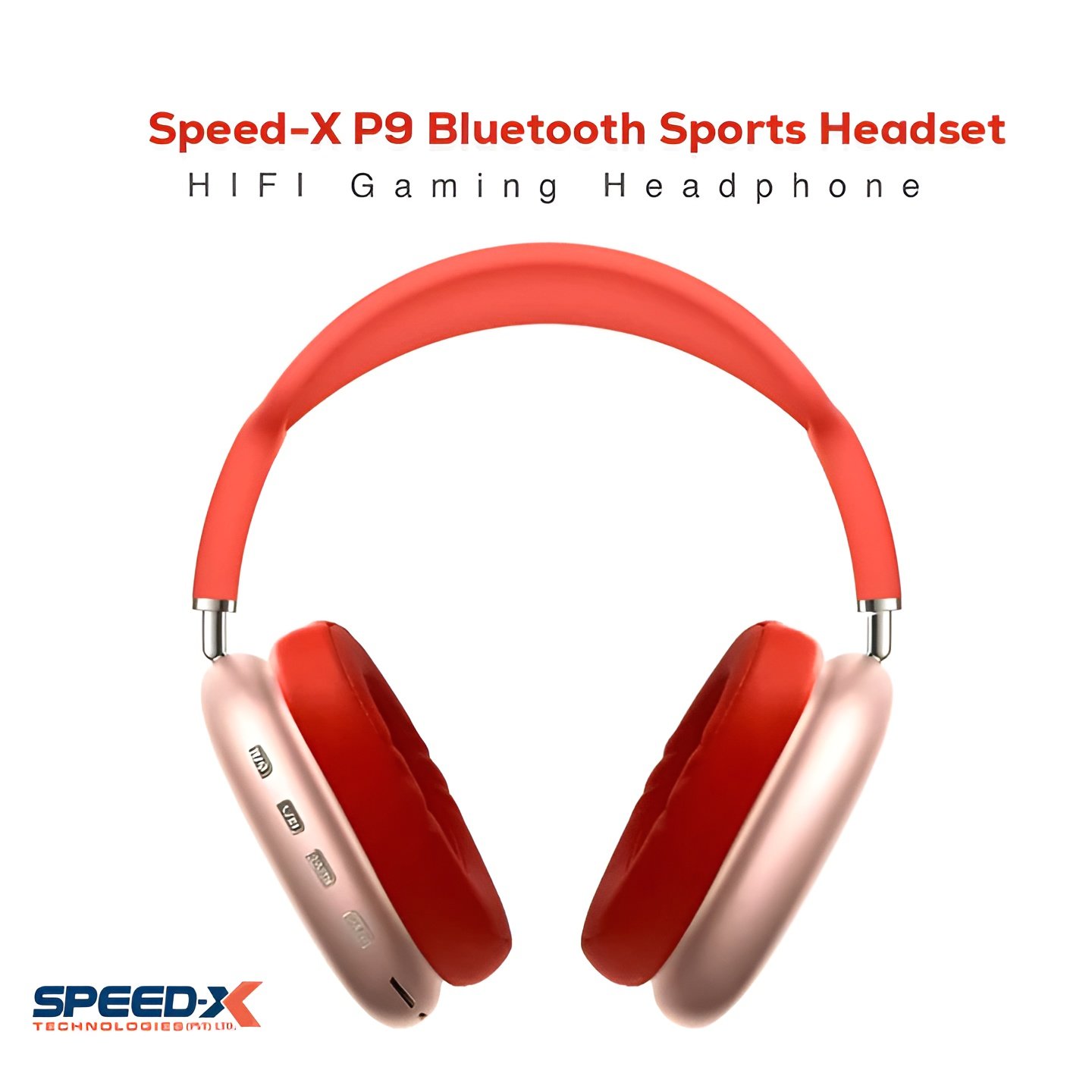 "P9 Bluetooth HiFi Gaming Headset with noise cancelling, waterproof design, built-in microphone, and solid steel headset stand with silicone pad for scratch protection."