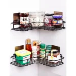 Corner shower caddy made of durable, rust-resistant material designed to maximize storage in small bathrooms.