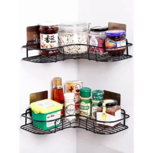 Corner shower caddy made of durable, rust-resistant material designed to maximize storage in small bathrooms.