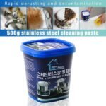 "500g stainless steel cleaner for fast stain, rust, and oxidation removal on kitchenware, cookware, appliances, and more."