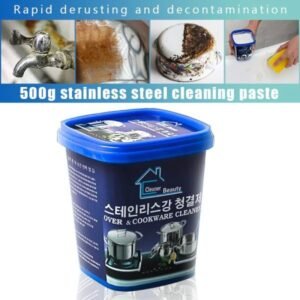 "500g stainless steel cleaner for fast stain, rust, and oxidation removal on kitchenware, cookware, appliances, and more."
