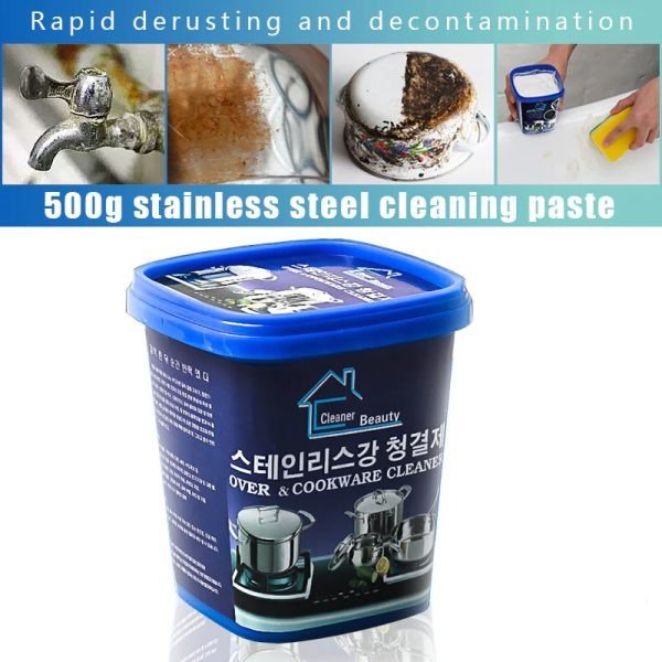 "500g stainless steel cleaner for fast stain, rust, and oxidation removal on kitchenware, cookware, appliances, and more."