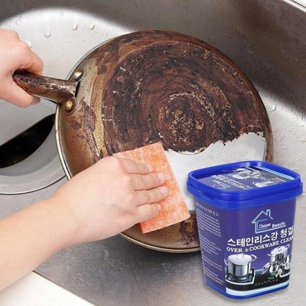"500g stainless steel cleaner for fast stain, rust, and oxidation removal on kitchenware, cookware, appliances, and more."