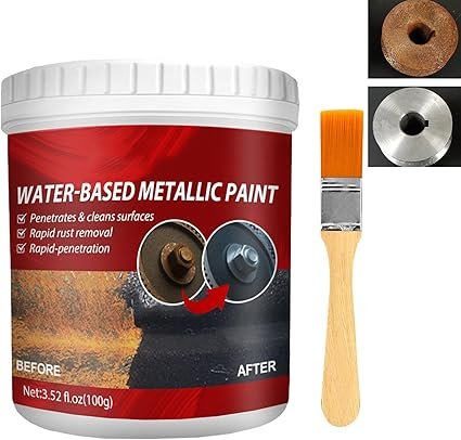 Water-based anti-rust epoxy metal paint with brush for rust removal and protection.