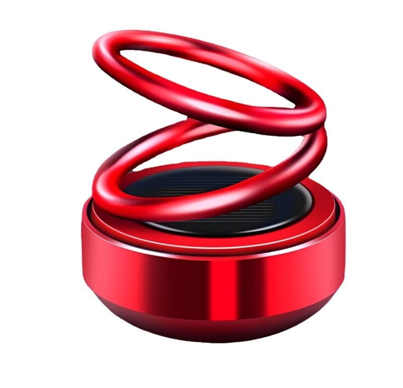 Solar-powered double ring car ornament with aromatherapy feature.