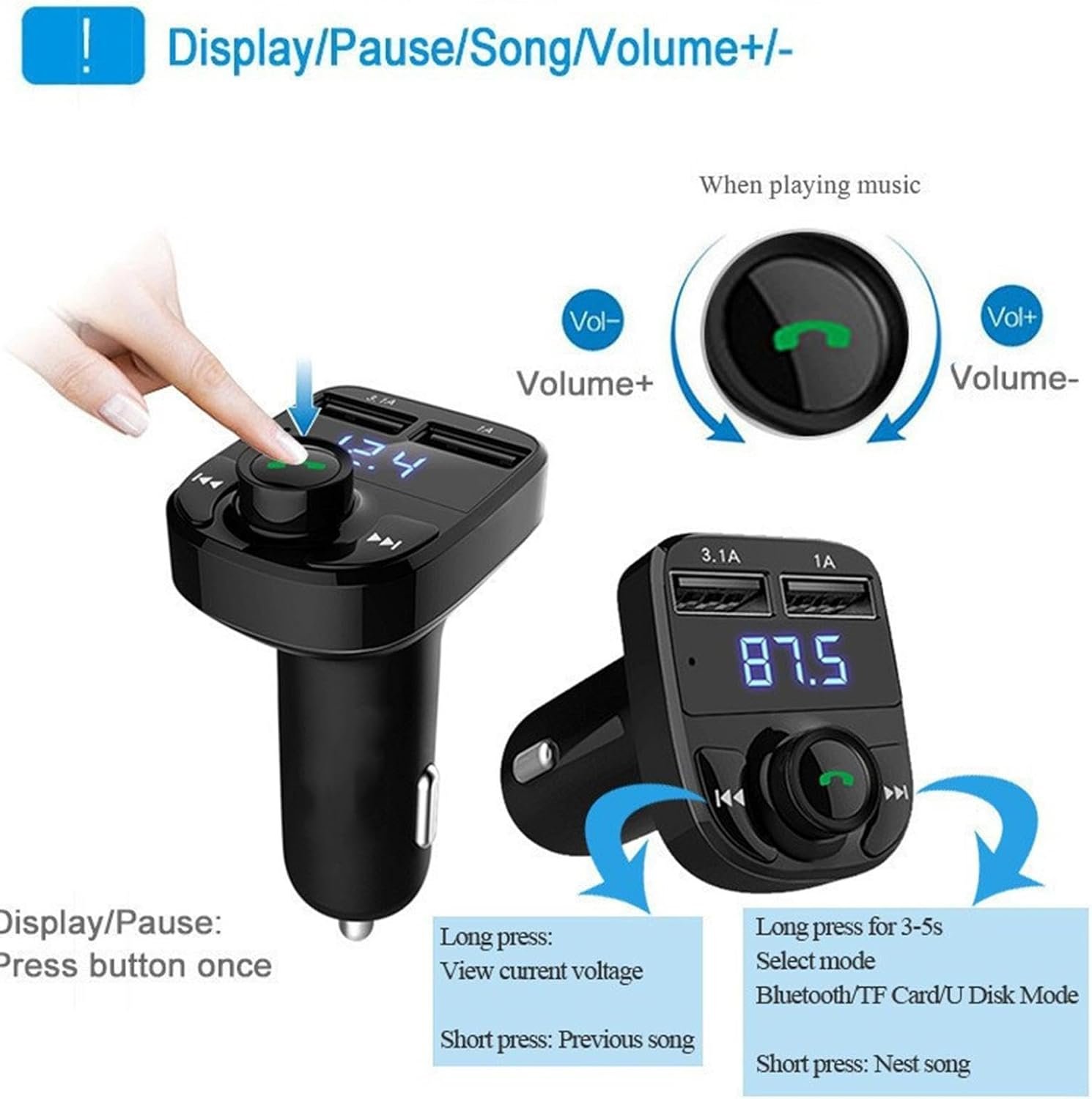 "X8 multifunctional car MP3 player with wireless FM transmitter and dual USB 3.1A fast charging ports"