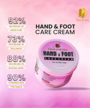Hand and foot care cream tube for dry, sensitive skin, designed to moisturize, soothe, and strengthen nails.