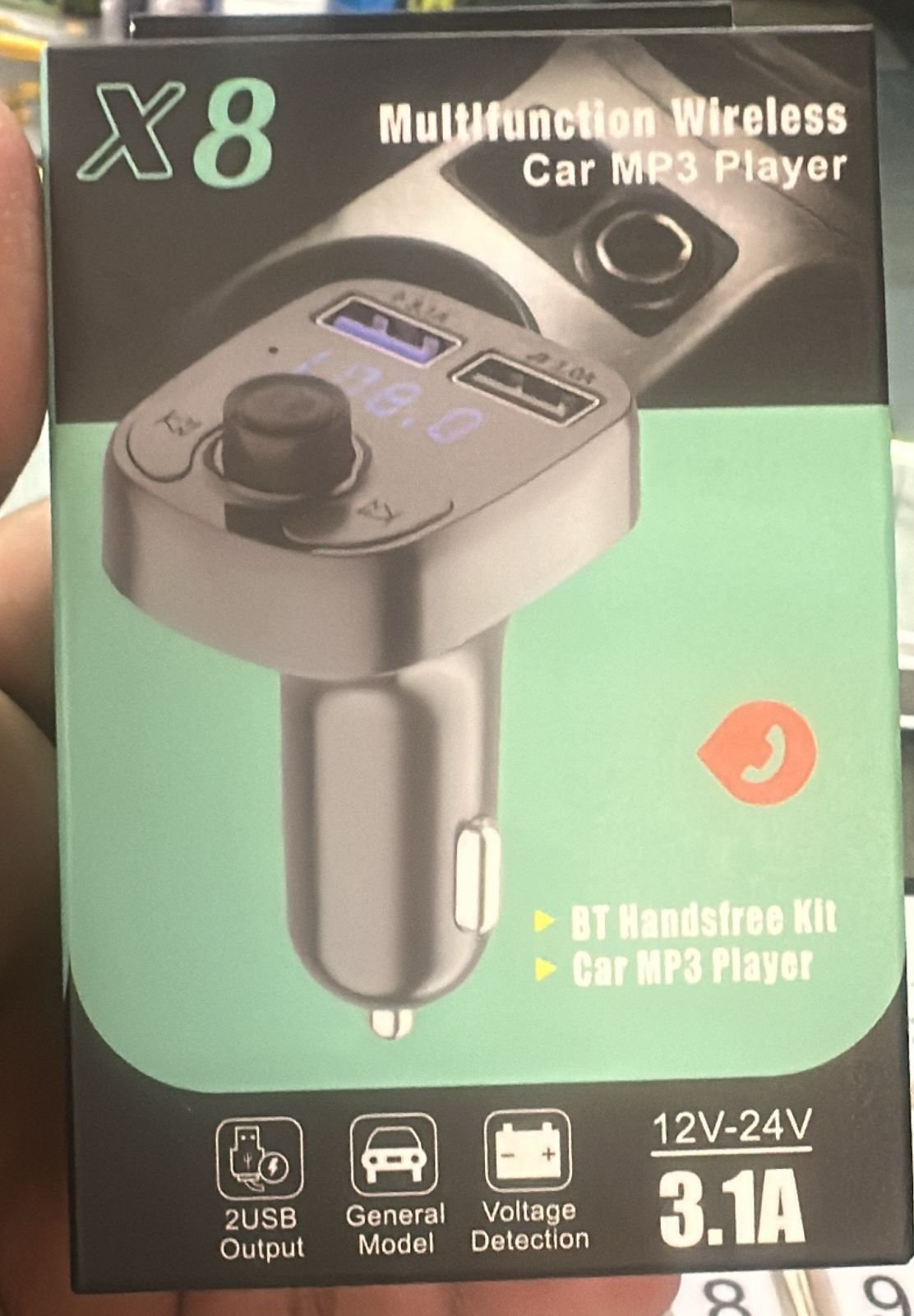 "X8 multifunctional car MP3 player with wireless FM transmitter and dual USB 3.1A fast charging ports"