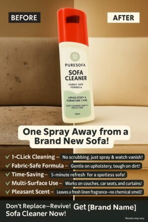 "Puresofa Sofa Cleaner Spray – 150ml bottle for deep cleaning upholstery and fabric, removes stains, quick-drying, with a fresh scent."
