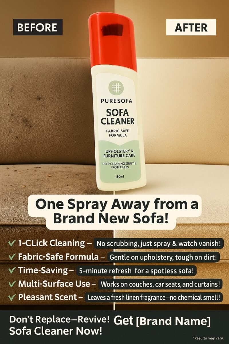 "Puresofa Sofa Cleaner Spray – 150ml bottle for deep cleaning upholstery and fabric, removes stains, quick-drying, with a fresh scent."