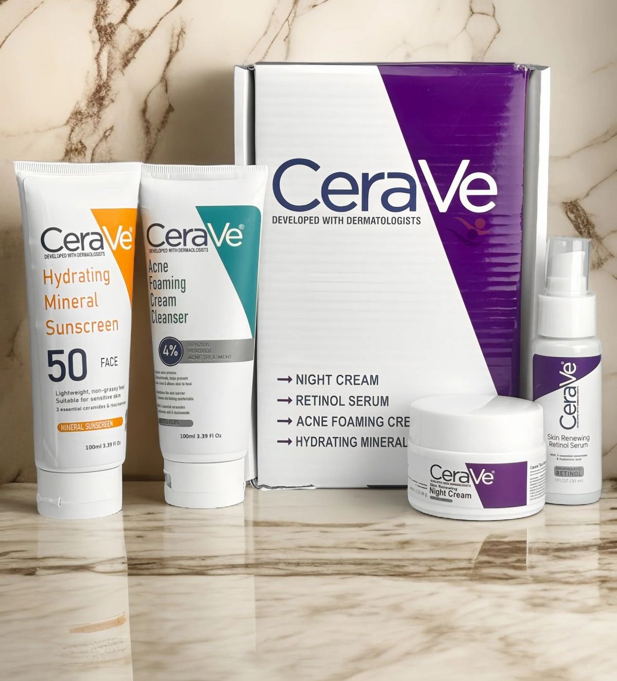 Complete Skin Care Kit – Night Cream, Retinol Serum, Acne Foaming Cleanser & Hydrating Mineral Sunscreen - Image 4