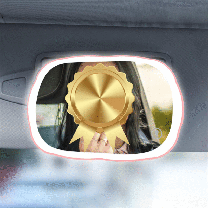 Extra large car makeup mirror with built-in LED lights for sun visor, portable and travel-friendly design.