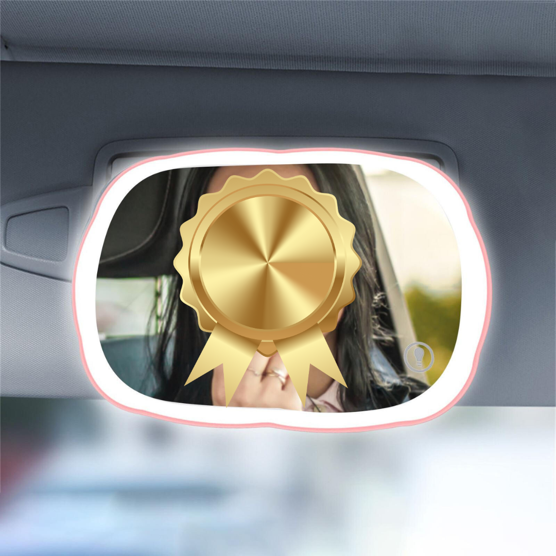 Extra large car makeup mirror with built-in LED lights for sun visor, portable and travel-friendly design.