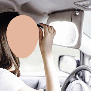 Extra large car makeup mirror with built-in LED lights for sun visor, portable and travel-friendly design.