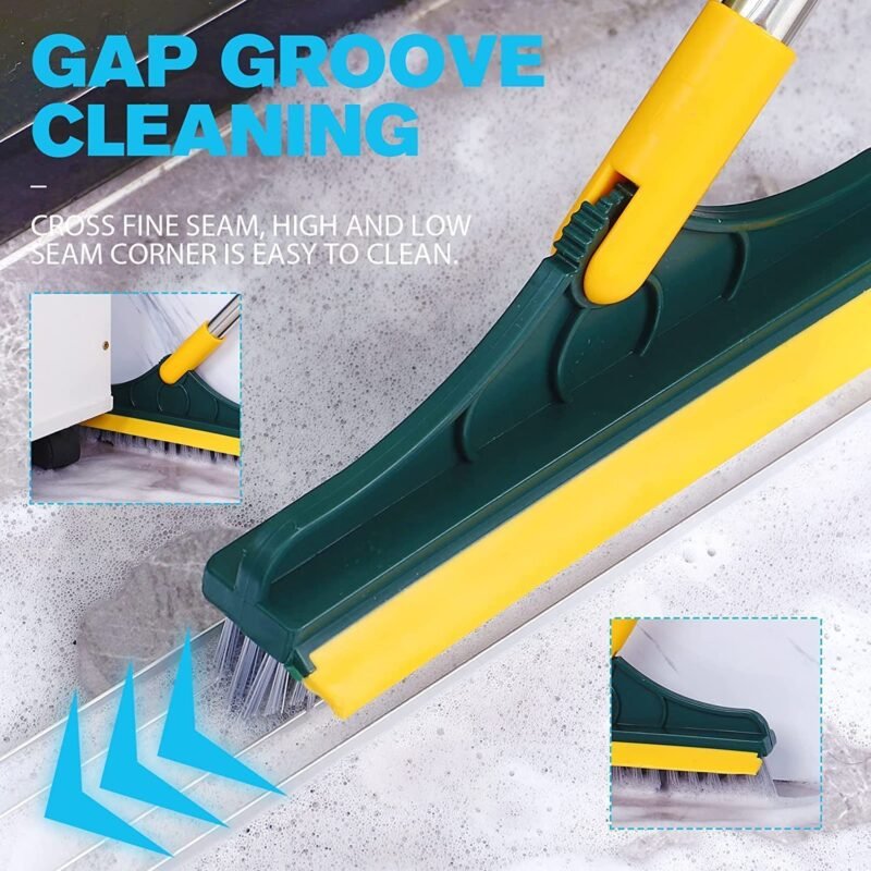 2-in-1 floor scrubber brush with long handle, V-shaped stiff bristles, and 120° rotatable head for bathroom tiles, grout, windows, and floor cleaning with built-in rubber squeegee."