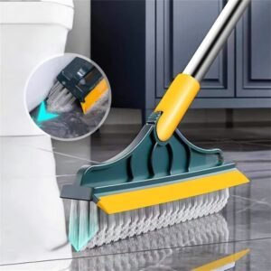 2-in-1 floor scrubber brush with long handle, V-shaped stiff bristles, and 120° rotatable head for bathroom tiles, grout, windows, and floor cleaning with built-in rubber squeegee.