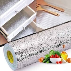 "Silver Foil Kitchen Waterproof & Oil Proof Self-Adhesive Sticker, heat resistant aluminum foil wallpaper for stoves, cabinets, and walls."