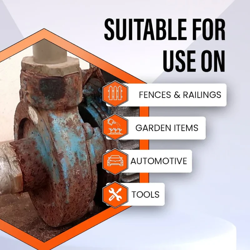 Water-based anti-rust epoxy metal paint with brush for rust removal and protection.