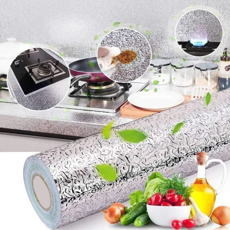 "Silver Foil Kitchen Waterproof & Oil Proof Self-Adhesive Sticker, heat resistant aluminum foil wallpaper for stoves, cabinets, and walls."
