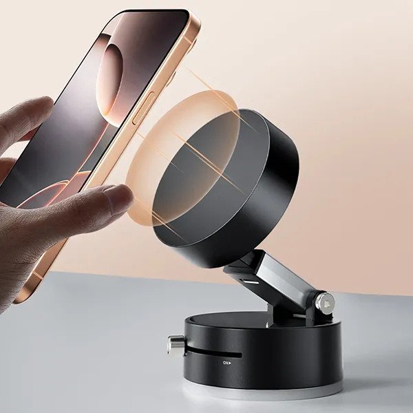 360° magnetic phone holder with strong magnetic suction mount for car, desk, and tabletop use.