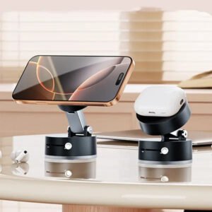 360° magnetic phone holder with strong magnetic suction mount for car, desk, and tabletop use.