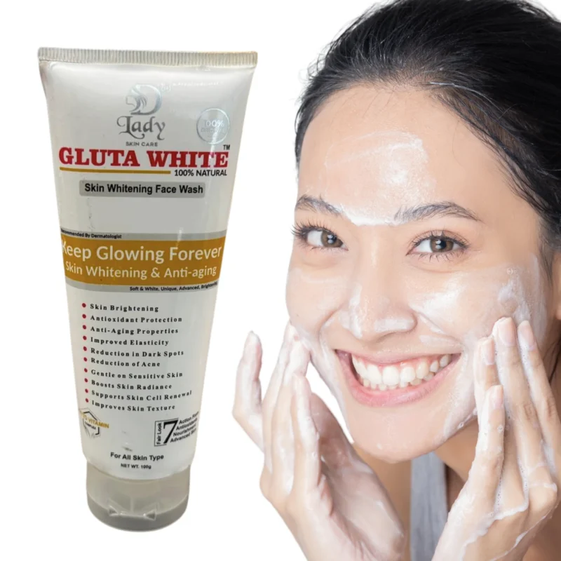 Gluta White Face Wash for fairer, glowing, and youthful skin with Phyto-Vitamin Complex. Caption (1 line):