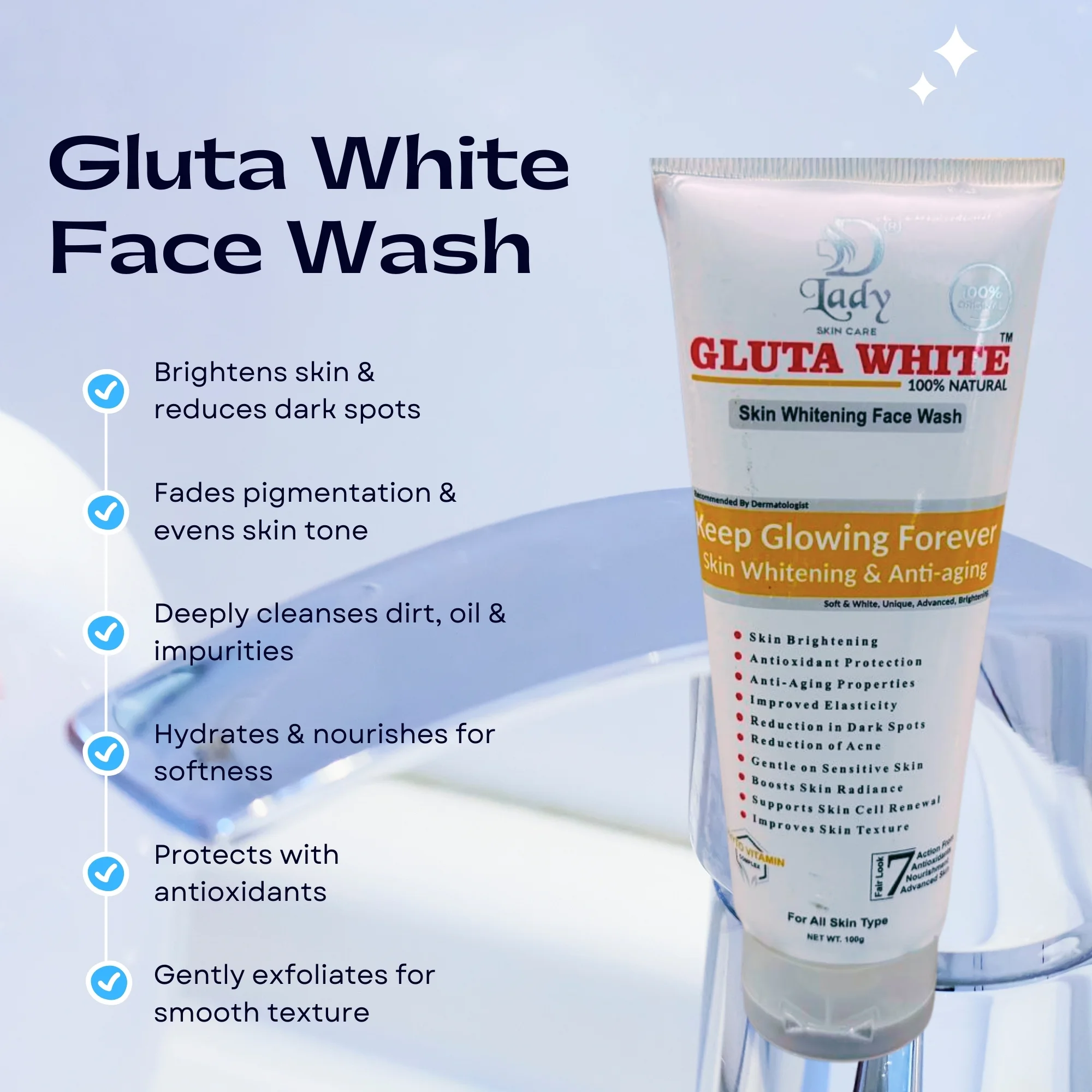 Gluta White Face Wash for fairer, glowing, and youthful skin with Phyto-Vitamin Complex.