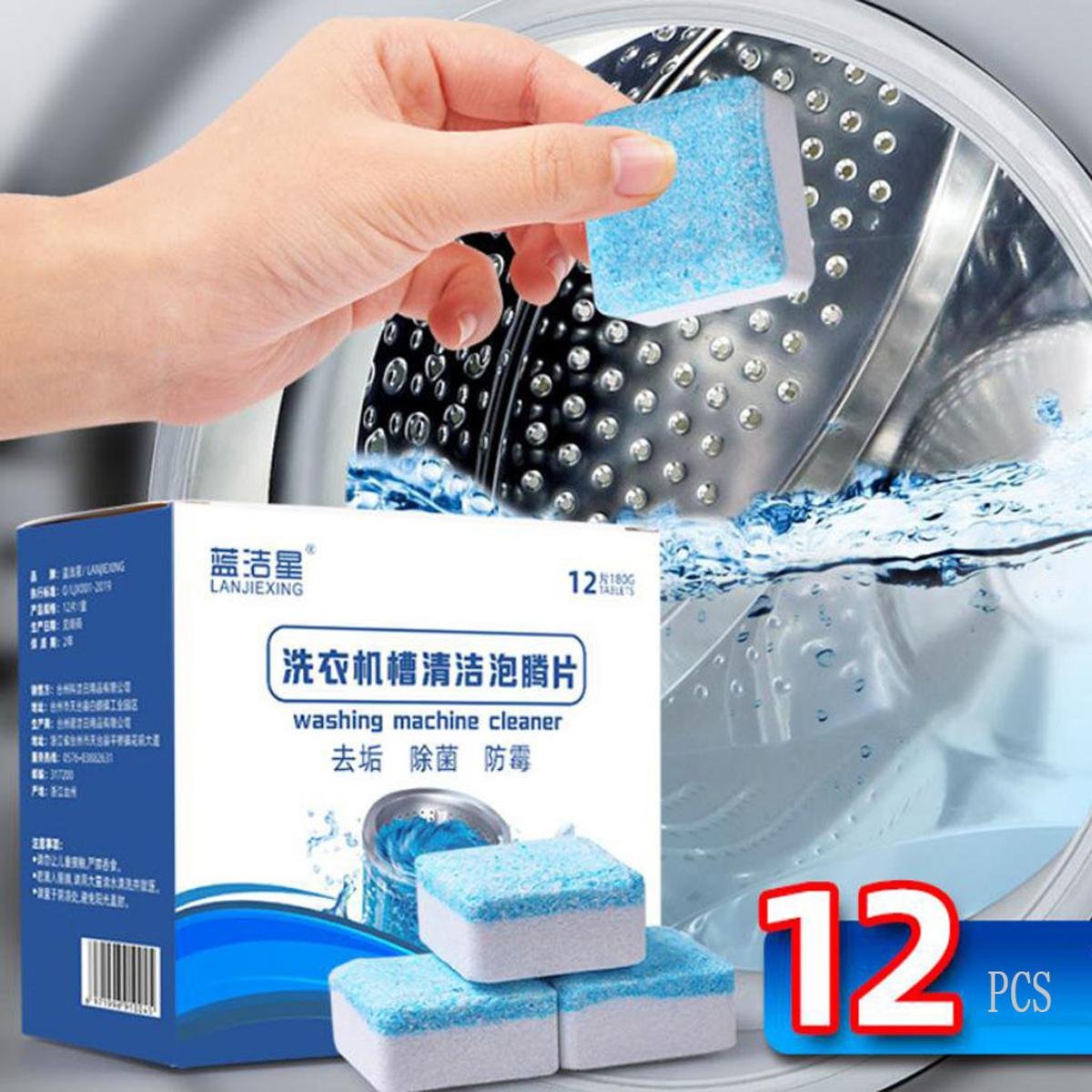 "Washing Machine Cleaner Tablets for deep cleaning, removing odor, residue, and limescale from all types of washers."