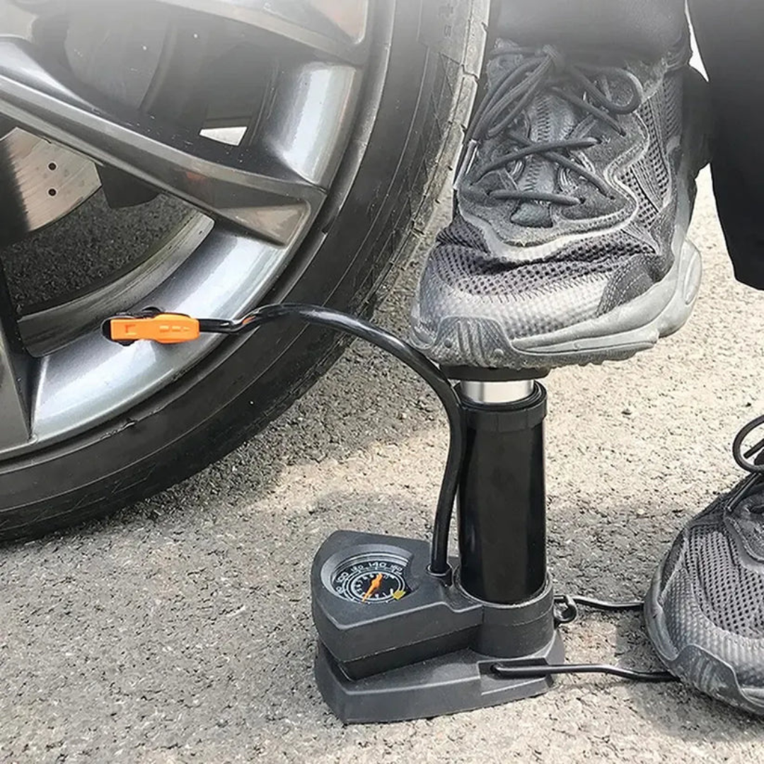 "Portable foot air pump for quickly inflating tires, balls, and inflatables"